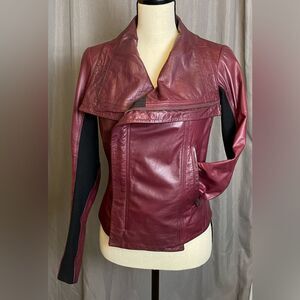June Leather Biker Moto Jacket in Burgundy Small